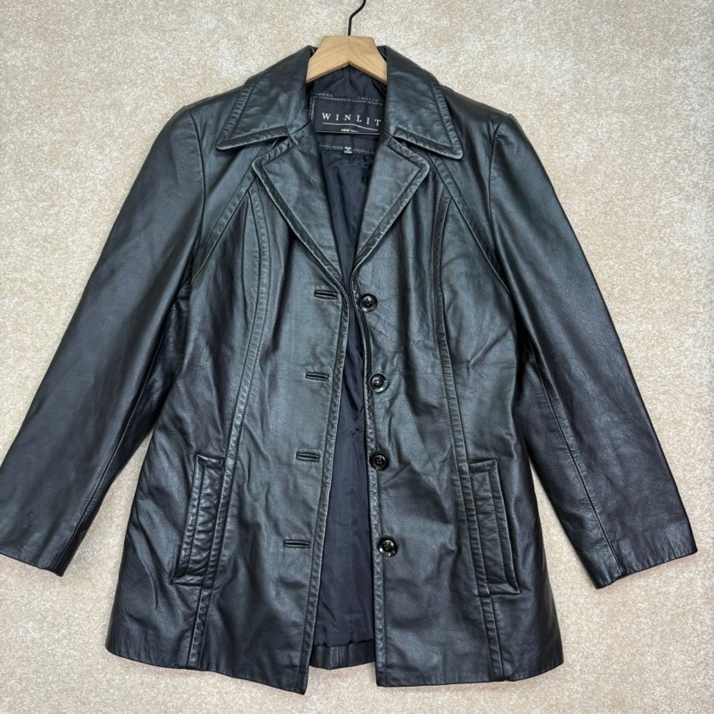 Winlit Leather Jacket Womens‎ Size Small Black Long Classic Sleek Buttery Soft
